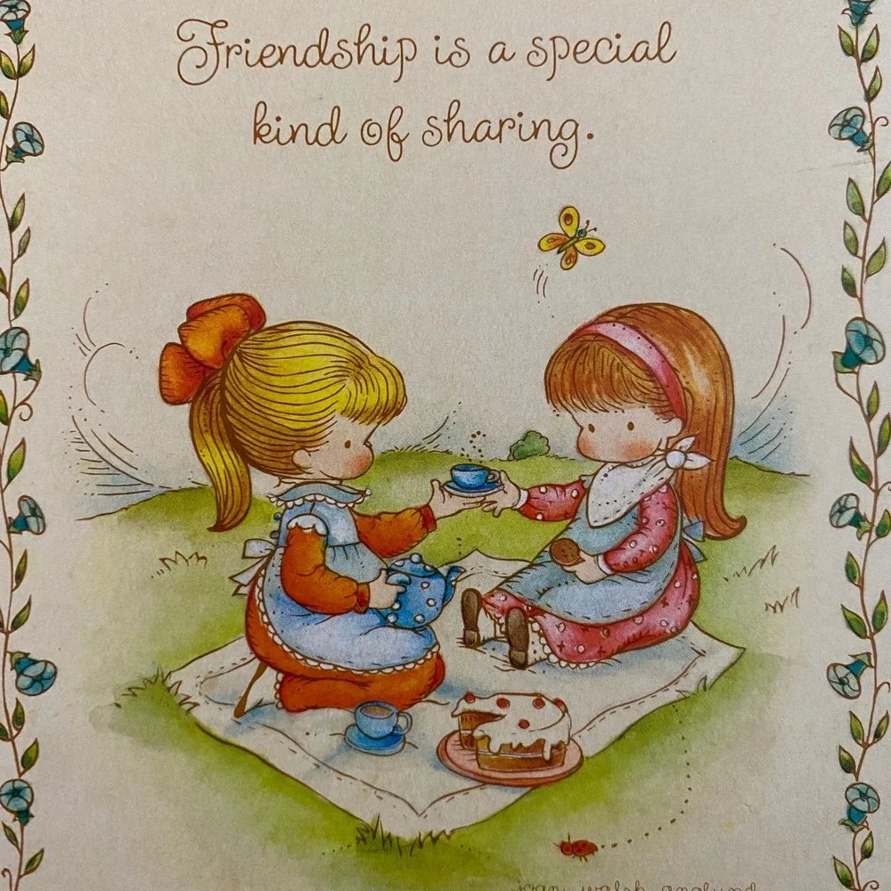Vintage Joan Walsh Anglund Hallmark Wood Plaque Friendship Picnic Art 7x5